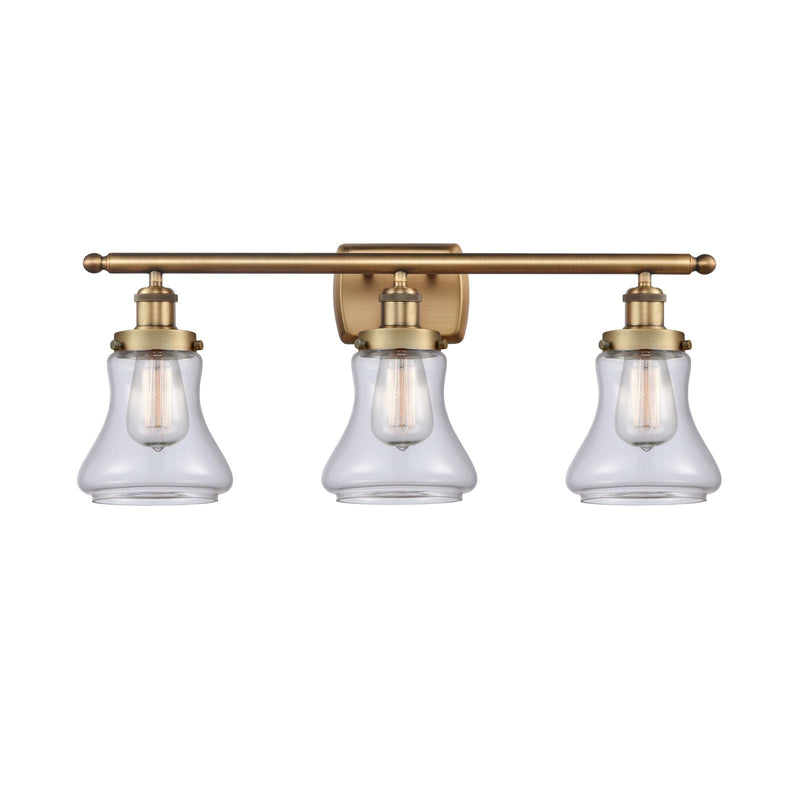 Innovations Bellmont 26.12in 3-Light Bath Vanity Light | Modern Transitional Brushed Brass and Clear Glass Schoolhouse Shade | Model 916-3W-BB-G192