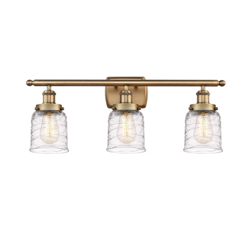 Innovations Bell 26in 3-Light Bath Vanity Light | Brushed Brass Steel and Clear Deco Swirl Glass with LED Bulbs | Bathroom | Model 916-3W-BB-G513-LED