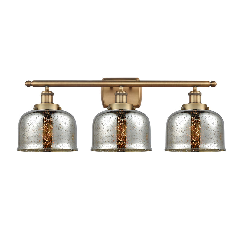 Innovations Bell 28in 3-Light Bath Vanity Light | Industrial Brushed Brass and Silver Plated Mercury Glass | Bathroom Vanity | Model 916-3W-BB-G78-LED