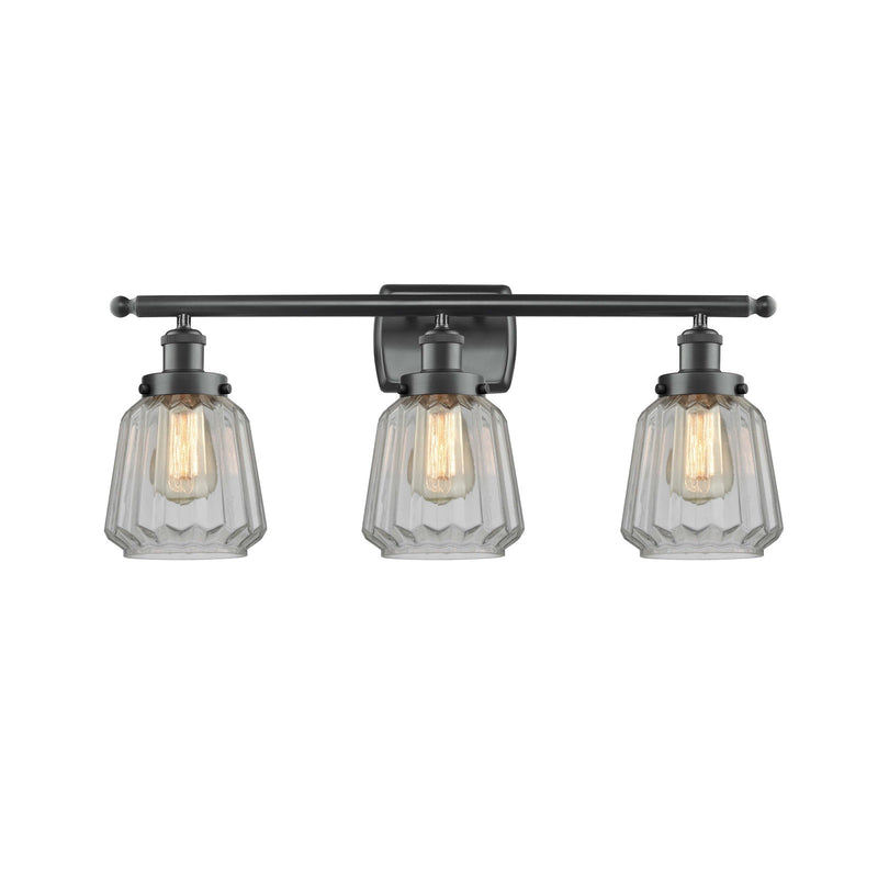 Innovations Chatham 27in 3-Light Bath Vanity Light | Modern Matte Black Steel and Clear Ribbed Glass | Bathroom Vanity | Model 916-3W-BK-G142