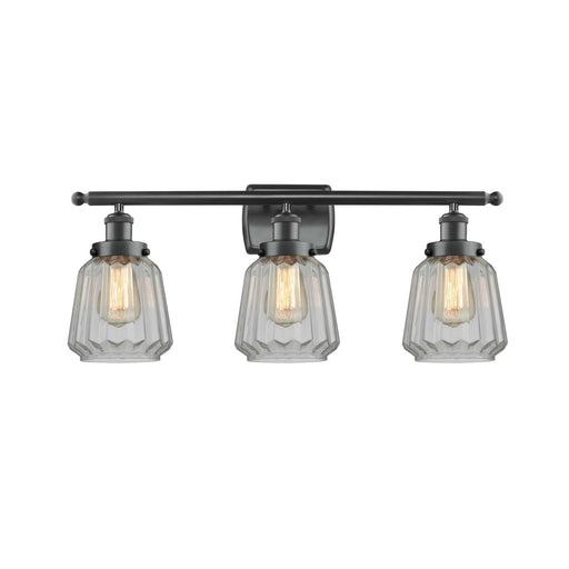 Innovations Chatham 27in 3-Light Bath Vanity Light | Modern Matte Black Steel and Clear Ribbed Glass | Bathroom Vanity | Model 916-3W-BK-G142