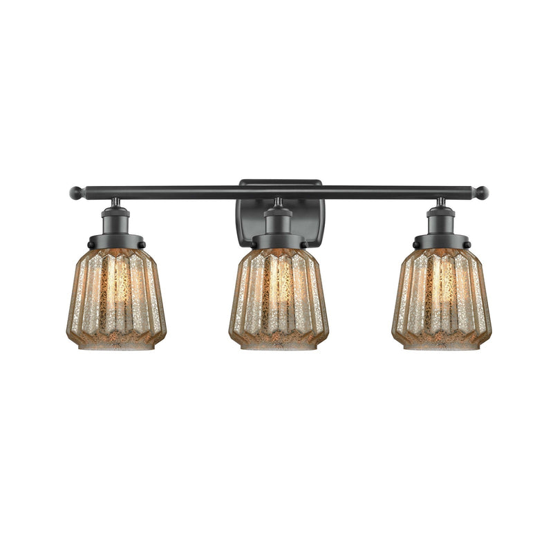 Innovations Chatham 27in 3-Light Bath Vanity Light | Modern Matte Black Steel and Mercury Ribbed Glass | Bathroom Vanity | Model 916-3W-BK-G146
