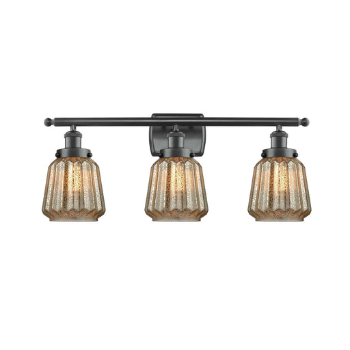 Innovations Chatham 27in 3-Light Bath Vanity Light | Modern Matte Black Steel and Mercury Ribbed Glass | Bathroom Vanity | Model 916-3W-BK-G146