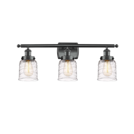 Innovations Bell 26in 3-Light Bath Vanity Light | Industrial Transitional Matte Black Steel and Clear Deco Swirl Glass | Bathroom | Model 916-3W-BK-G513
