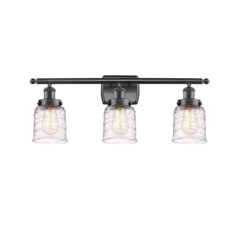 Innovations Bell 26in 3-Light Bath Vanity Light | Industrial Transitional Matte Black Steel and Clear Deco Swirl Glass | Model 916-3W-BK-G513-LED