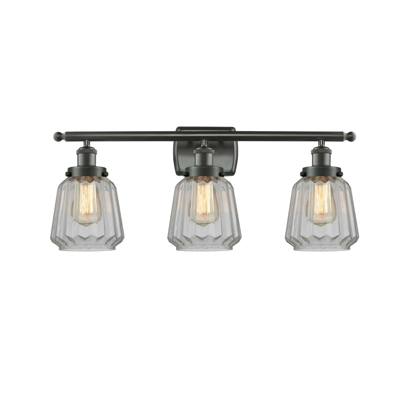 Innovations Chatham 27in 3-Light Bath Vanity Light | Modern Transitional Oil Rubbed Bronze Steel and Clear Ribbed Glass | Bathroom | Model 916-3W-OB-G142