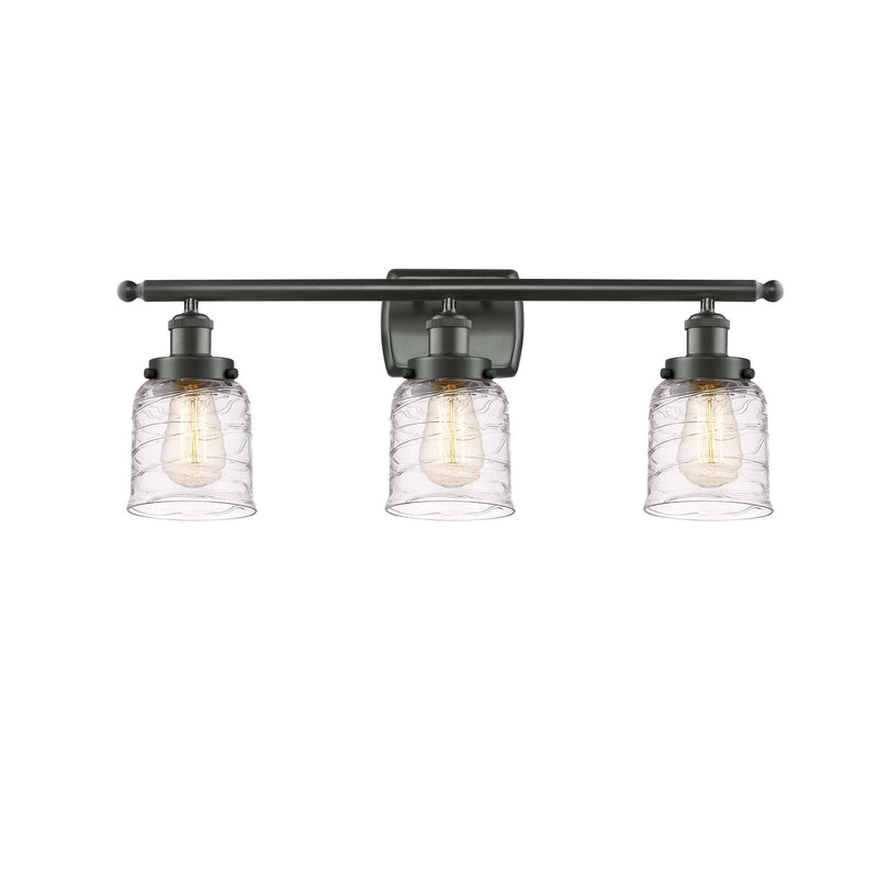 Innovations Bell 26in 3-Light Bath Vanity Light | Industrial Oil Rubbed Bronze Steel and Clear Deco Swirl Glass | Bathroom Vanity & | Model 916-3W-OB-G513