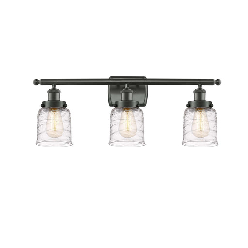 Innovations Bell 26in 3-Light Bath Vanity Light | Industrial Oil Rubbed Bronze Steel and Clear Deco Swirl Glass | Bathroom | Model 916-3W-OB-G513-LED