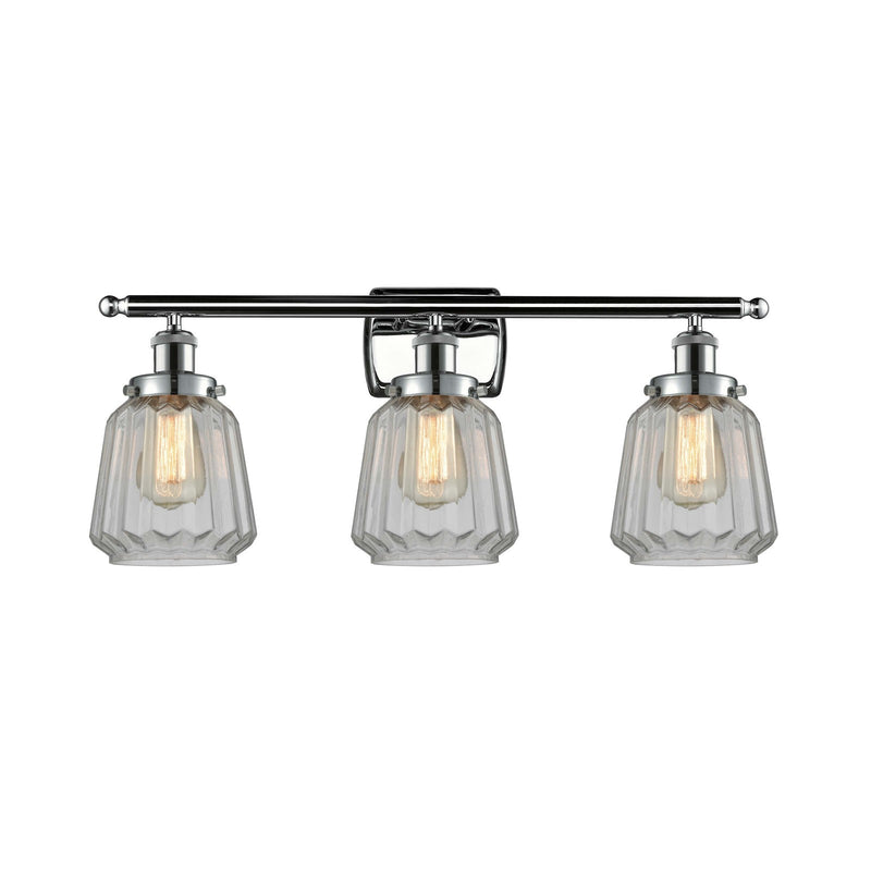Innovations Chatham 27in 3-Light Bath Vanity Light | Modern Polished Chrome Steel and Clear Ribbed Glass | Bathroom Vanity | Model 916-3W-PC-G142