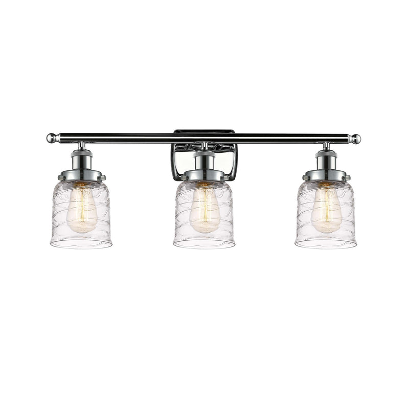 Innovations Bell 26in 3-Light Bath Vanity Light | Industrial Polished Chrome and Clear Deco Swirl Glass Bell Shade | Bathroom | Model 916-3W-PC-G513