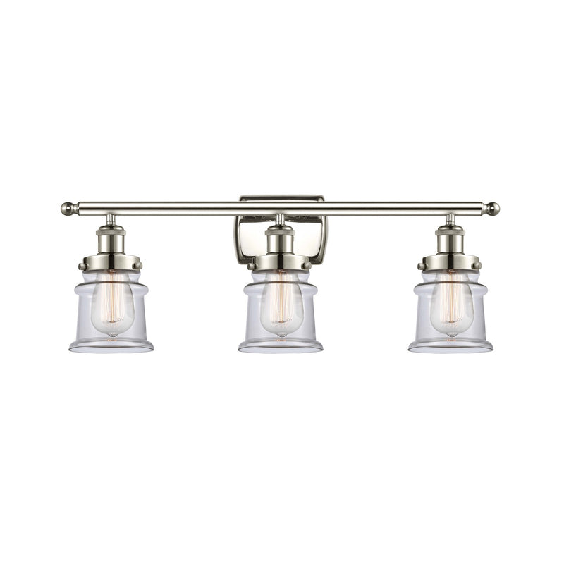 Innovations Canton 25.25in 3-Light Bath Vanity Light | Modern Transitional Polished Nickel Steel and Clear Glass Schoolhouse Shade | Model 916-3W-PN-G182S
