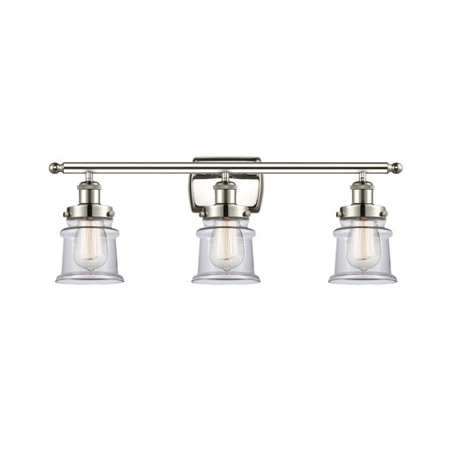 Innovations Canton 25.25in 3-Light Bath Vanity Light | Modern Transitional Polished Nickel Steel and Clear Glass Schoolhouse Shade | Model 916-3W-PN-G182S