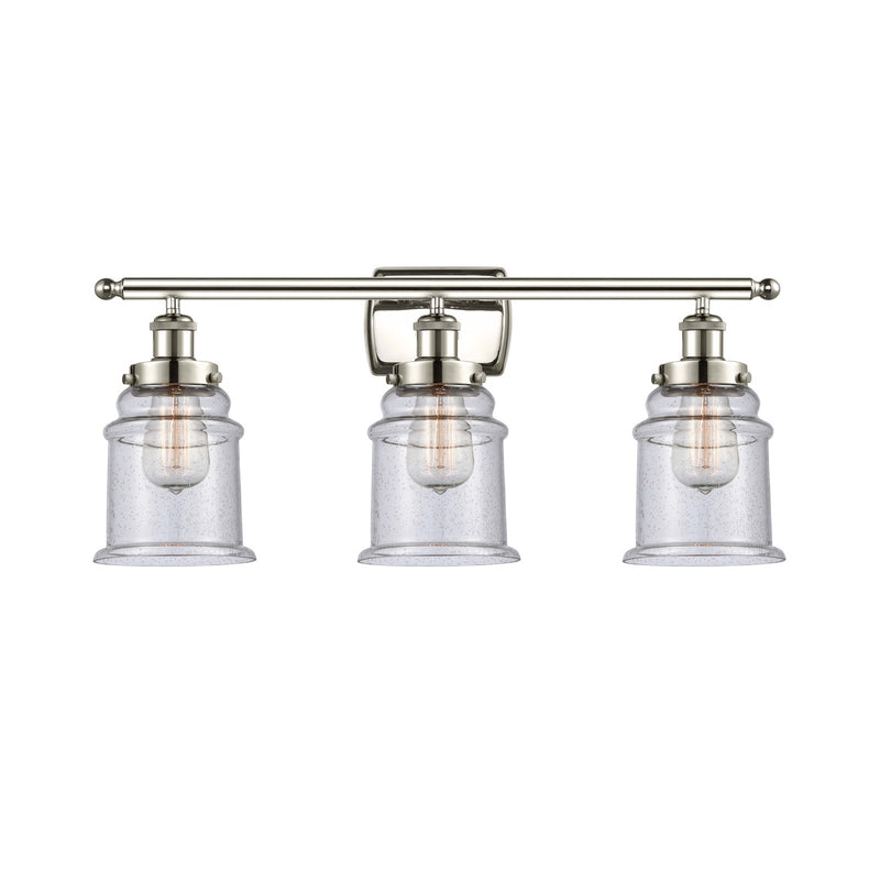 Innovations Canton 26in 3-Light Bath Vanity Light | Modern Transitional Polished Nickel Steel and Seedy Glass Schoolhouse Shade | Model 916-3W-PN-G184