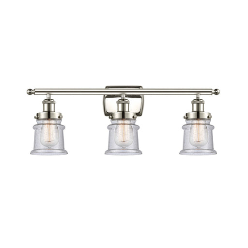 Innovations Canton 25.25in 3-Light Bath Vanity Light | Modern Transitional Polished Nickel Steel and Seedy Glass Schoolhouse Shade | Model 916-3W-PN-G184S