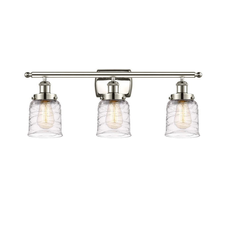 Innovations Bell 26in 3-Light Bath Vanity Light | Industrial Transitional Polished Nickel and Clear Deco Swirl Glass | Bathroom | Model 916-3W-PN-G513-LED