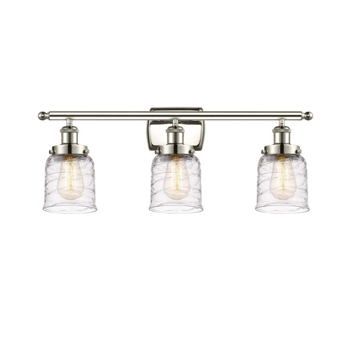 Innovations Bell 26in 3-Light Bath Vanity Light | Industrial Transitional Polished Nickel and Clear Deco Swirl Glass | Bathroom | Model 916-3W-PN-G513-LED