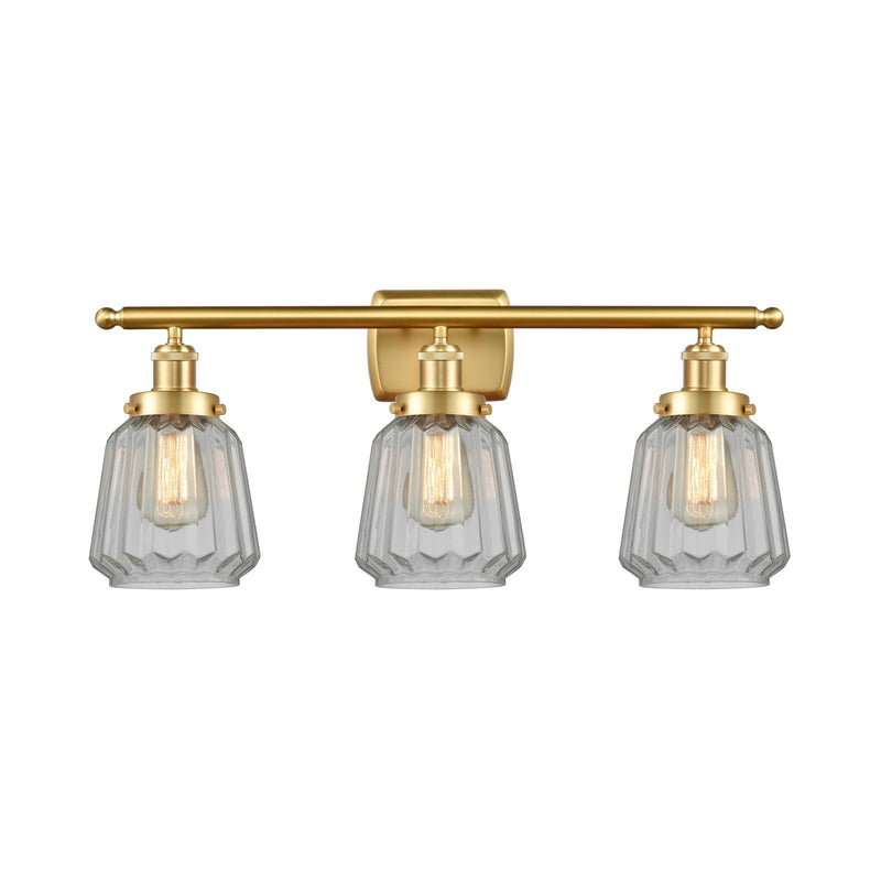 Innovations Chatham 27in 3-Light Bath Vanity Light | Modern Transitional Satin Gold Steel and Clear Ribbed Glass Shades | Bathroom | Model 916-3W-SG-G142