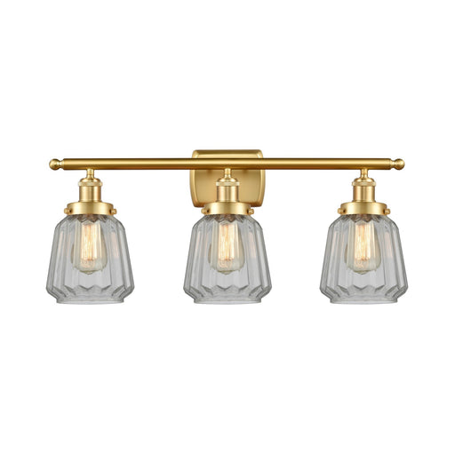 Innovations Chatham 27in 3-Light Bath Vanity Light | Modern Transitional Satin Gold Steel and Clear Ribbed Glass Shades | Bathroom | Model 916-3W-SG-G142