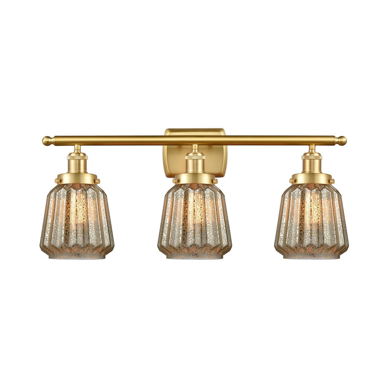 Innovations Chatham 27in 3-Light Bath Vanity Light | Modern Transitional Satin Gold Steel and Mercury Ribbed Glass Shades | Model 916-3W-SG-G146