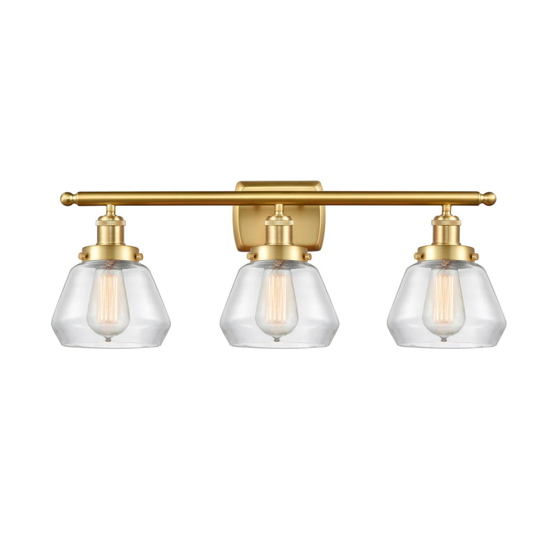 Innovations Fulton 27in 3-Light Bath Vanity Light | Modern Contempo Satin Gold Steel and Clear Glass Schoolhouse Shade | Bathroom | Model 916-3W-SG-G172