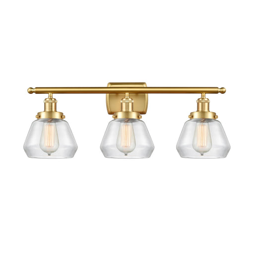 Innovations Fulton 27in 3-Light Bath Vanity Light | Modern Contempo Satin Gold Steel and Clear Glass Schoolhouse Shade | Bathroom | Model 916-3W-SG-G172