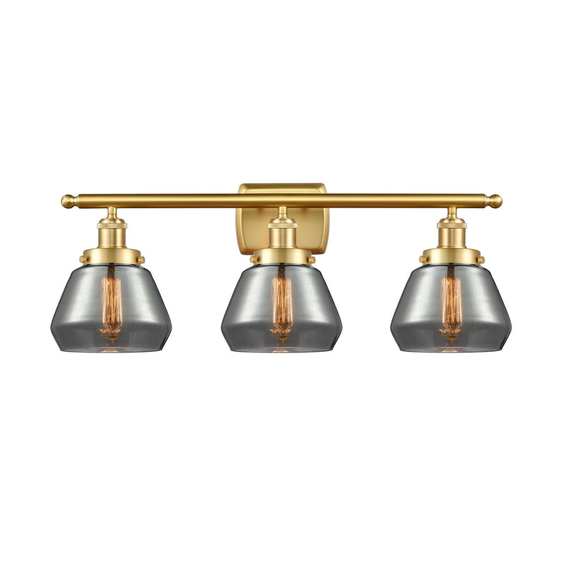 Innovations Fulton 27in 3-Light Bath Vanity Light | Modern Contempo Satin Gold Steel and Smoked Glass Schoolhouse Shade | Bathroom | Model 916-3W-SG-G173