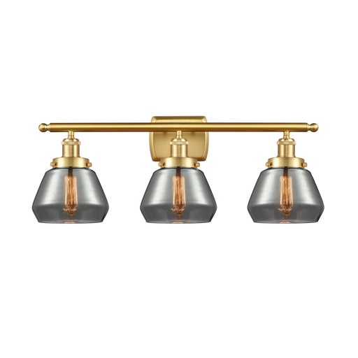 Innovations Fulton 27in 3-Light Bath Vanity Light | Modern Contempo Satin Gold Steel and Smoked Glass Schoolhouse Shade | Bathroom | Model 916-3W-SG-G173