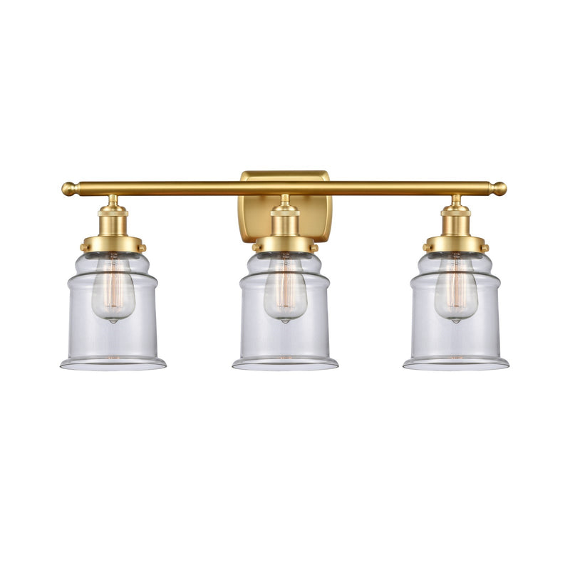 Innovations Canton 26in 3-Light Bath Vanity Light | Modern Contempo Satin Gold Steel and Clear Glass Schoolhouse Shade | Bathroom | Model 916-3W-SG-G182