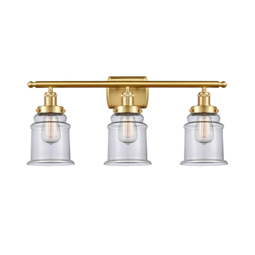 Innovations Canton 26in 3-Light Bath Vanity Light | Modern Contempo Satin Gold Steel and Clear Glass Schoolhouse Shade | Bathroom | Model 916-3W-SG-G182
