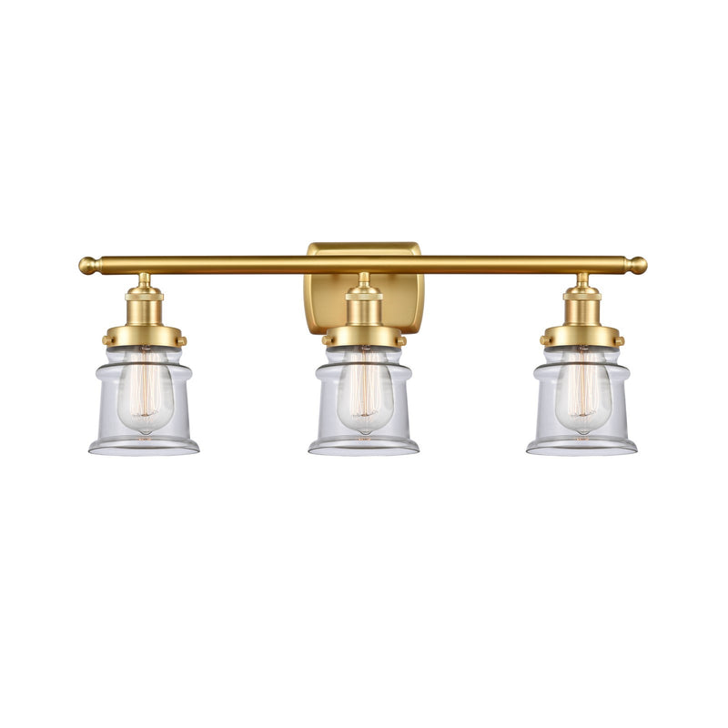 Innovations Canton 25.25in 3-Light Bath Vanity Light | Modern Contempo Satin Gold Steel and Clear Glass Schoolhouse Shade | Model 916-3W-SG-G182S