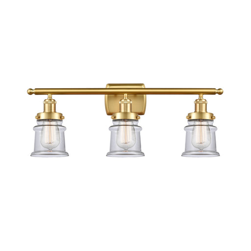 Innovations Canton 25.25in 3-Light Bath Vanity Light | Modern Contempo Satin Gold Steel and Clear Glass Schoolhouse Shade | Model 916-3W-SG-G182S