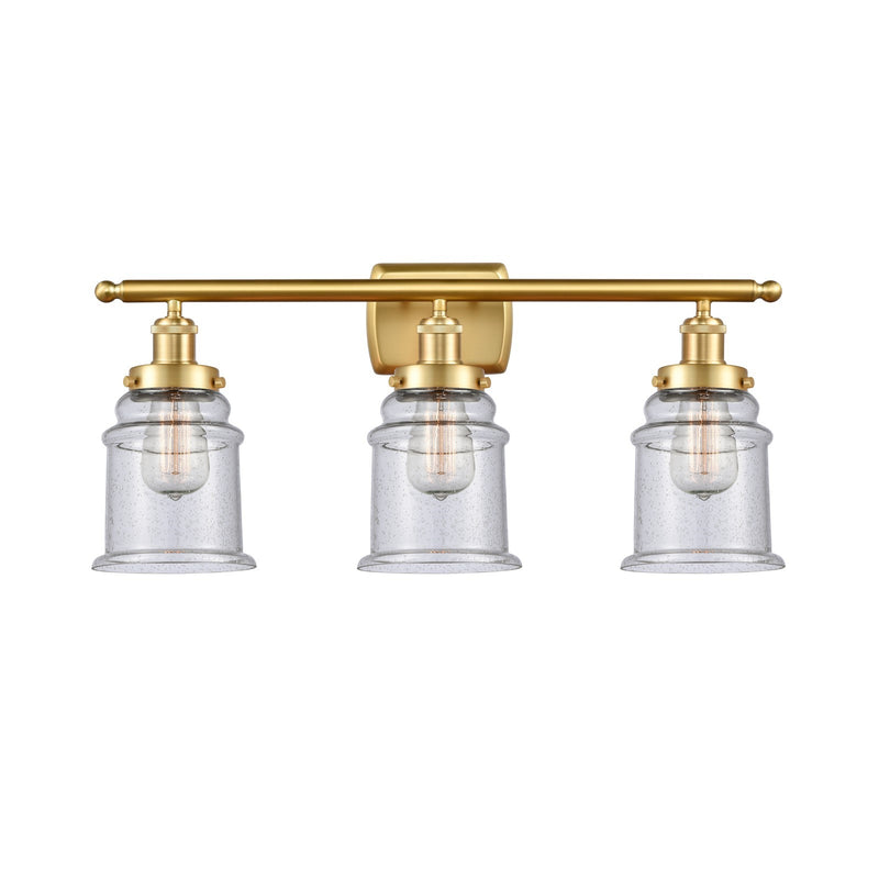Innovations Canton 26in 3-Light Bath Vanity Light | Modern Contempo Satin Gold Steel and Seedy Glass Schoolhouse Shade | Bathroom | Model 916-3W-SG-G184