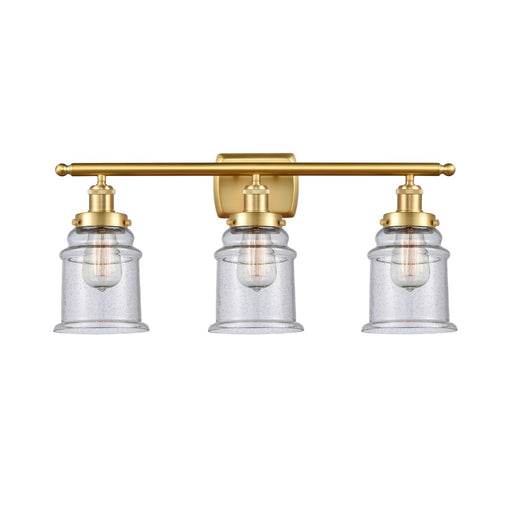 Innovations Canton 26in 3-Light Bath Vanity Light | Modern Contempo Satin Gold Steel and Seedy Glass Schoolhouse Shade | Bathroom | Model 916-3W-SG-G184