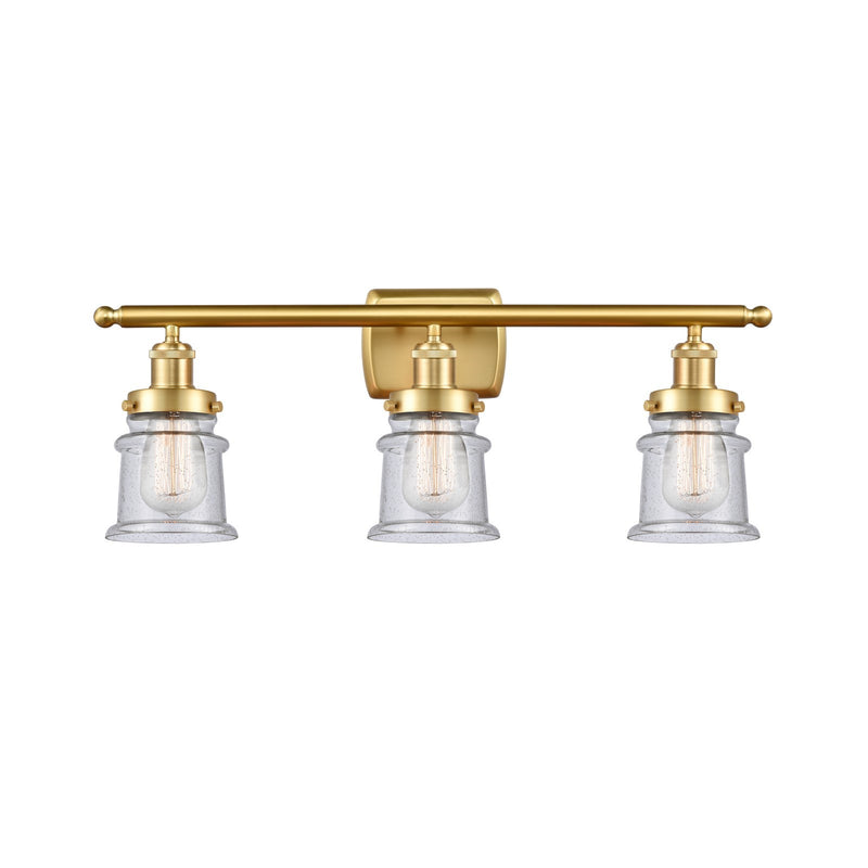 Innovations Canton 25.25in 3-Light Bath Vanity Light | Modern Contempo Satin Gold Steel and Seedy Glass Schoolhouse Shade | Model 916-3W-SG-G184S