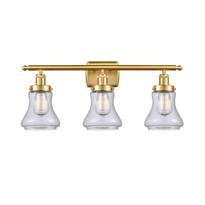 Innovations Bellmont 26in 3-Light Bath Vanity Light | Modern Transitional Satin Gold Steel and Clear Glass Schoolhouse Shade | Model 916-3W-SG-G192