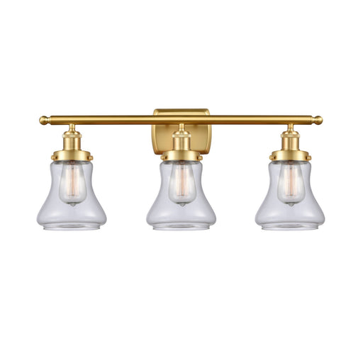 Innovations Bellmont 26in 3-Light Bath Vanity Light | Modern Transitional Satin Gold Steel and Clear Glass Schoolhouse Shade | Model 916-3W-SG-G192