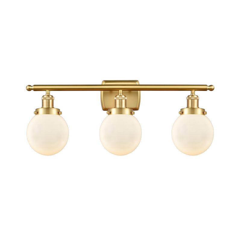 Innovations Beacon 26in 3-Light Bath Vanity Light | Modern Transitional Satin Gold Steel and Matte White Frosted Glass Globe | Model 916-3W-SG-G201-6