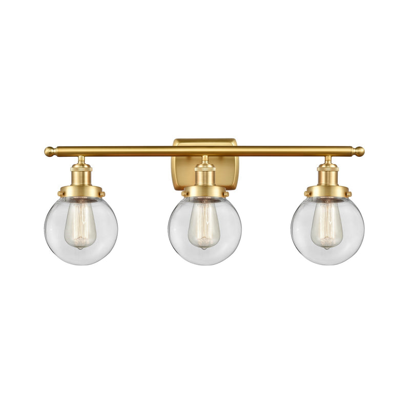 Innovations Beacon 26in 3-Light Bath Vanity Light | Modern Transitional Satin Gold Steel and Clear Glass Globe Shade | Bathroom | Model 916-3W-SG-G202-6