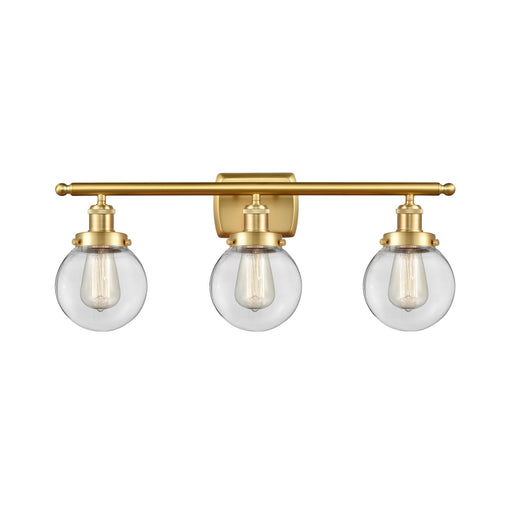 Innovations Beacon 26in 3-Light Bath Vanity Light | Modern Transitional Satin Gold Steel and Clear Glass Globe Shade | Bathroom | Model 916-3W-SG-G202-6