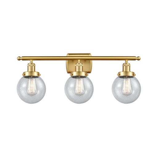 Innovations Beacon 26in 3-Light Bath Vanity Light | Modern Transitional Satin Gold Steel and Seedy Glass Globe Shade | Bathroom | Model 916-3W-SG-G204-6