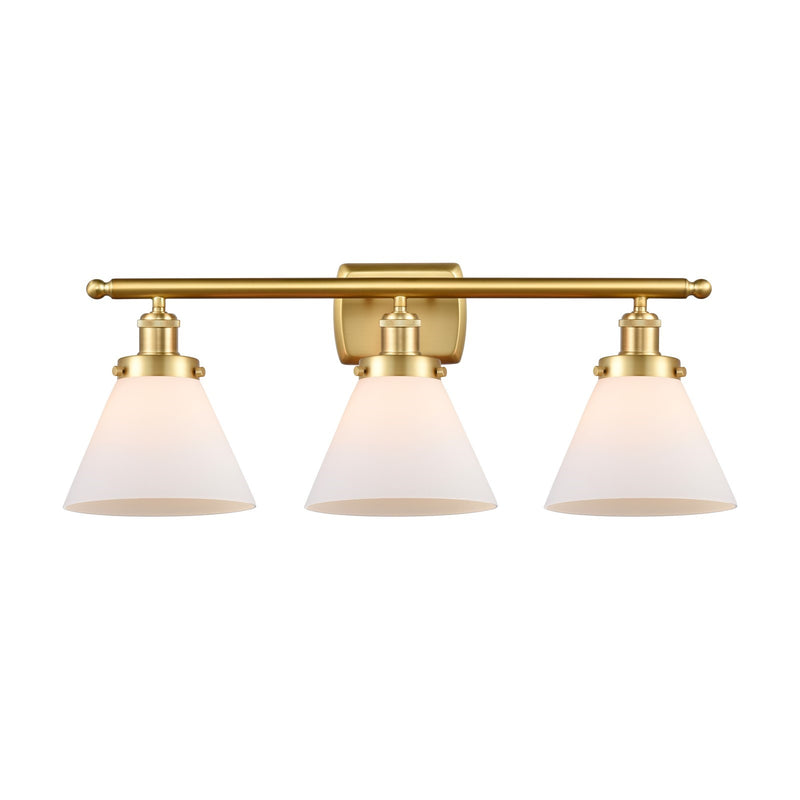 Innovations Cone 28in 3-Light Bath Vanity Light | Industrial Satin Gold Steel and Matte White Frosted Glass | Bathroom Vanity & | Model 916-3W-SG-G41