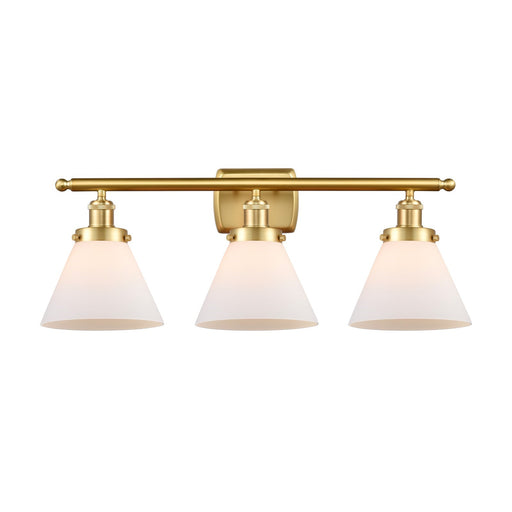 Innovations Cone 28in 3-Light Bath Vanity Light | Industrial Satin Gold Steel and Matte White Frosted Glass | Bathroom Vanity & | Model 916-3W-SG-G41