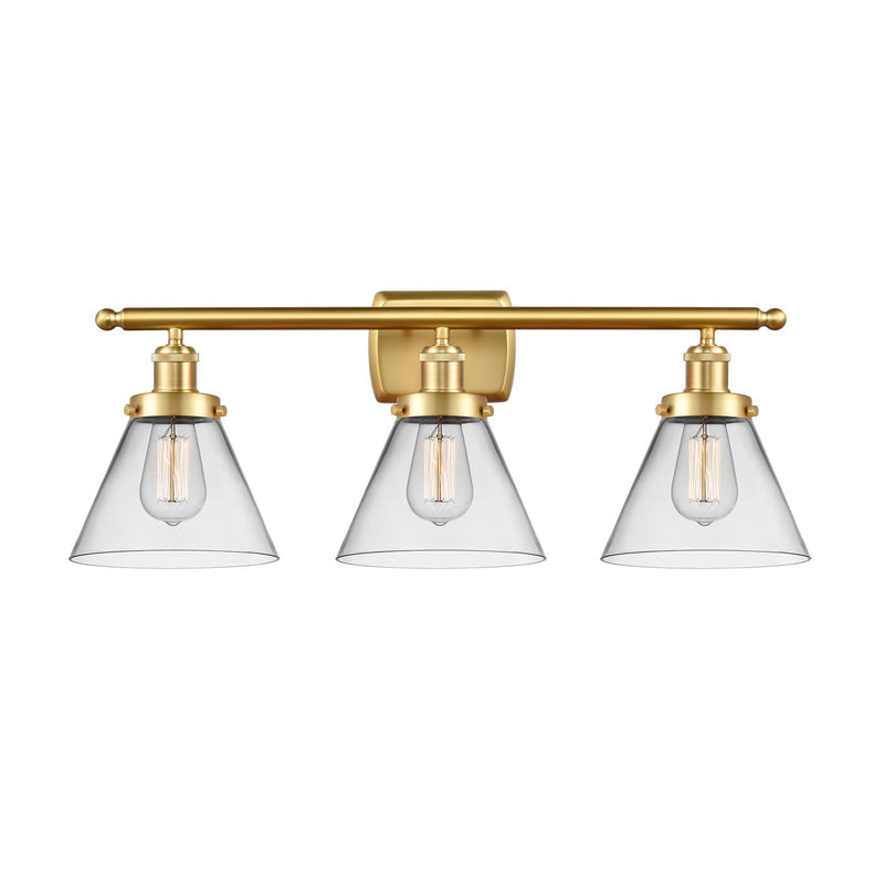 Innovations Cone 28in 3-Light Bath Vanity Light | Industrial Satin Gold Steel and Clear Glass | Bathroom Vanity & Powder Room | Model 916-3W-SG-G42