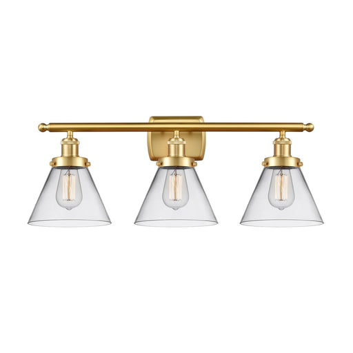 Innovations Cone 28in 3-Light Bath Vanity Light | Industrial Satin Gold Steel and Clear Glass | Bathroom Vanity & Powder Room | Model 916-3W-SG-G42