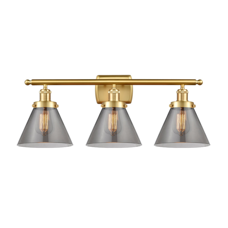 Innovations Cone 28in 3-Light Bath Vanity Light | Industrial Satin Gold Steel and Light Smoke Glass | Bathroom Vanity & Powder Room | Model 916-3W-SG-G43