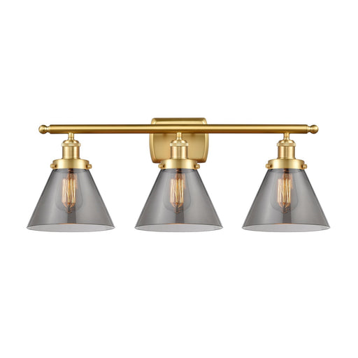 Innovations Cone 28in 3-Light Bath Vanity Light | Industrial Satin Gold Steel and Light Smoke Glass | Bathroom Vanity & Powder Room | Model 916-3W-SG-G43