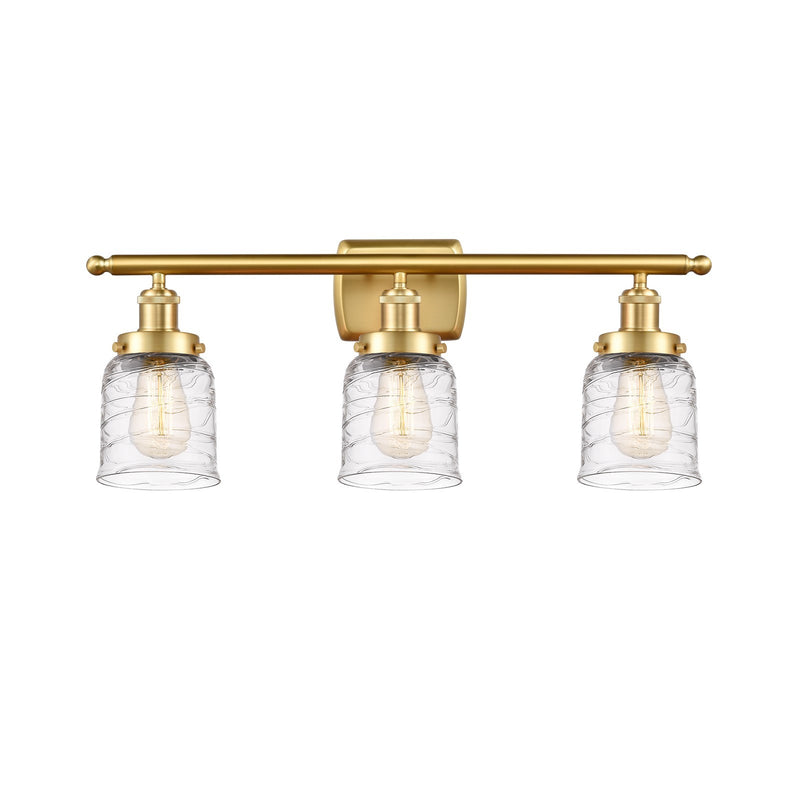 Innovations Bell 26in 3-Light Bath Vanity Light | Industrial Satin Gold Steel and Clear Deco Swirl Glass | Bathroom Vanity | Model 916-3W-SG-G513