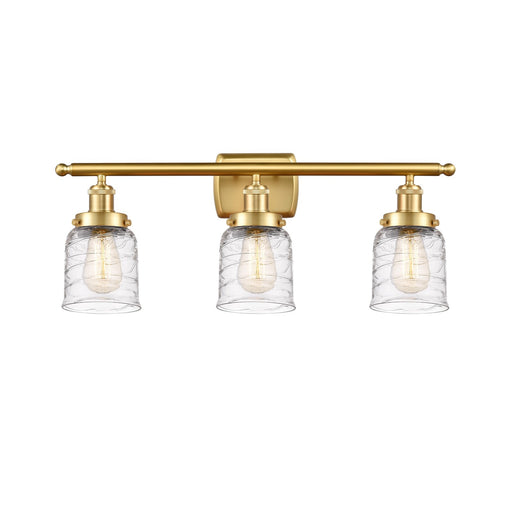 Innovations Bell 26in 3-Light Bath Vanity Light | Industrial Satin Gold Steel and Clear Deco Swirl Glass | Bathroom Vanity | Model 916-3W-SG-G513