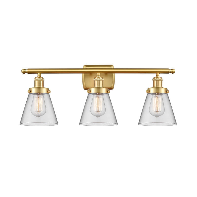 Innovations Cone 26in 3-Light Bath Vanity | Industrial Satin Gold Steel and Clear Glass | Bathroom & Powder Room | 26 x 11 x 7.5 in | Model 916-3W-SG-G62