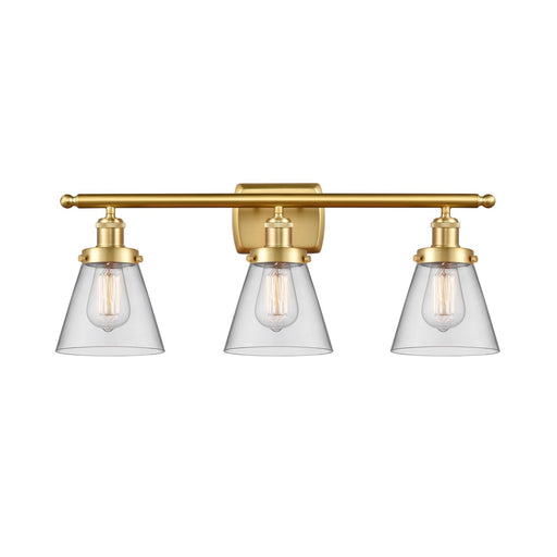 Innovations Cone 26in 3-Light Bath Vanity | Industrial Satin Gold Steel and Clear Glass | Bathroom & Powder Room | 26 x 11 x 7.5 in | Model 916-3W-SG-G62